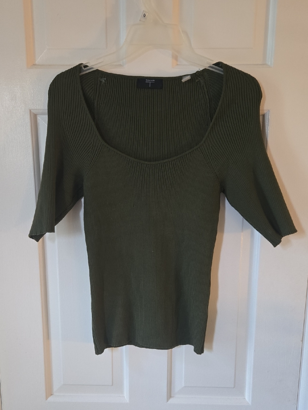 Tahari Ribbed Scoop Neck Knit Top - Olive Green